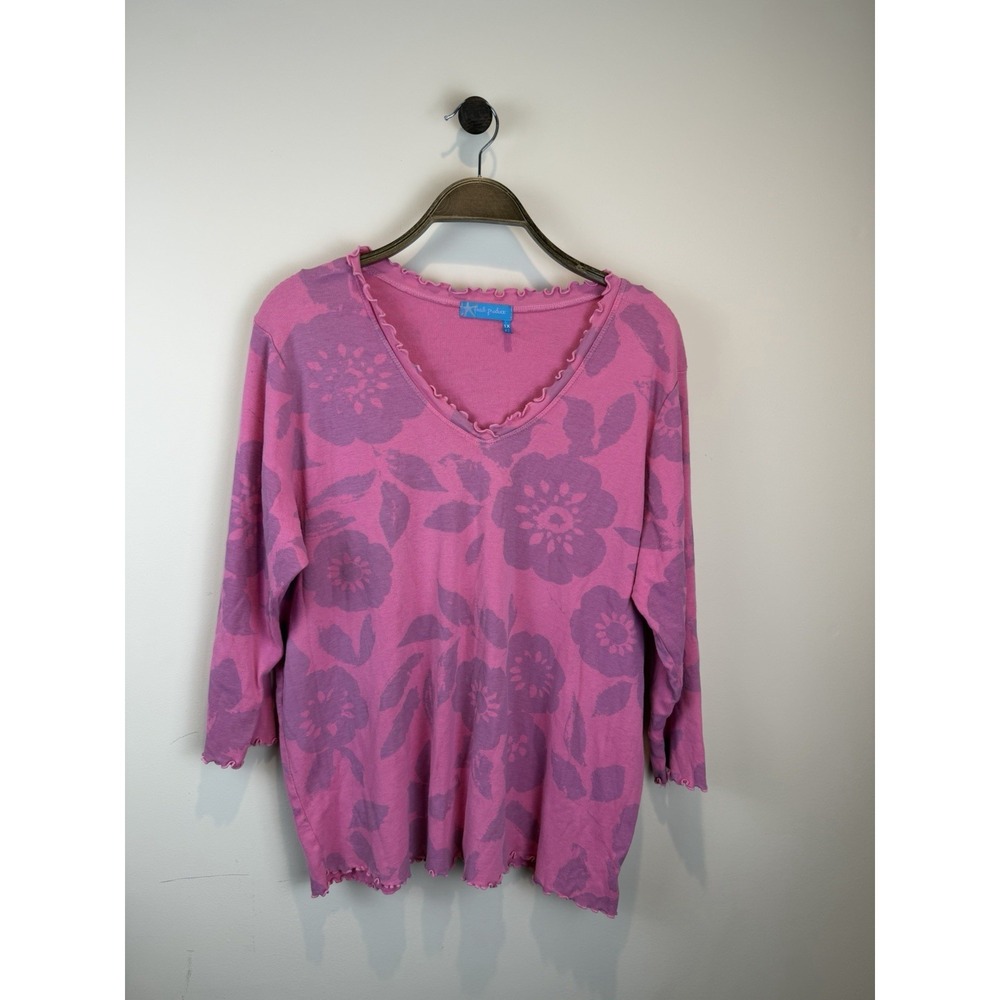 Fresh Produce Pink Floral T-Shirt Top Knit 3/4 Sleeves V Neck Cotton 1X Plus